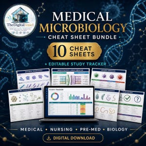 May include: A Medical Microbiology cheat sheet bundle featuring 10 digital study sheets and an editable study tracker. The display includes a laptop screen showing a study tracker dashboard surrounded by various educational charts on bacteria, viruses, fungi, and parasites against a dark blue background with DNA and microbe graphics.