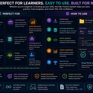 Pacchetto di fogli riassuntivi SQL + strumento di monitoraggio della pratica delle query / Guida allo studio SQL immagine 16