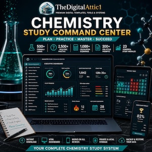 May include: A digital chemistry study command centre displayed on a laptop, tablet, and smartphone. The screen shows an executive dashboard with progress charts, study streaks, and exam countdowns. A notebook with handwritten notes sits nearby.