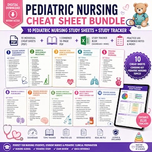 May include: A digital paediatric nursing cheat sheet bundle featuring 10 study sheets and a study tracker. The graphic includes a teddy bear in scrubs, a stethoscope, and icons for PDF and XLSX files. Text includes Pediatric Nursing Cheat Sheet Bundle.