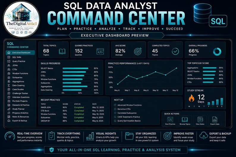 SQLデータアナリストコマンドセンター | SQL学習プランナー、クエリ練習、ポートフォリオプロジェクト＆面接トラッカー | インタラクティブHTMLダッシュボード 画像 3