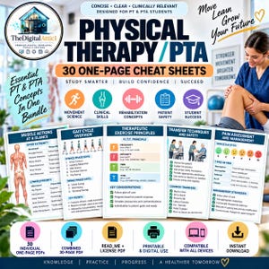 Può includere: Un pacchetto digitale di 30 schede di riepilogo per fisioterapia e PTA, contenente guide di studio su azioni muscolari, cicli del passo, principi di esercizio terapeutico, tecniche di trasferimento e valutazione del dolore in un layout chiaro.