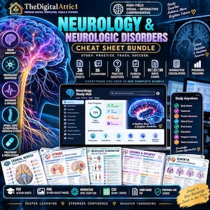 Könnte beinhalten: Ein digitales Lernpaket für Neurologie und neurologische Störungen mit einer Gehirnillustration, einem Laptop mit Lern-Dashboard, einem Smartphone mit Lerntools sowie mehreren ausgedruckten medizinischen Referenzblättern.