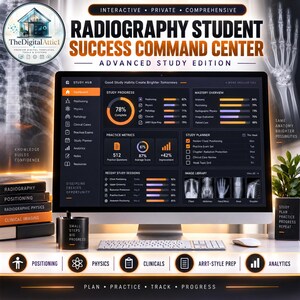 Pode incluir: Um monitor de computador exibindo o painel Radiography Student Success Command Center com progresso de estudo, métricas de prática e uma biblioteca de imagens. A tela mostra vários gráficos, tabelas e texto informativo sobre o progresso.