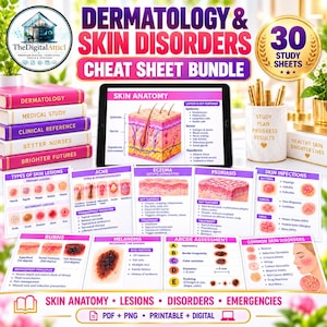 May include: A digital study bundle for dermatology and skin disorders featuring a tablet displaying skin anatomy, a stack of five pink books, and ten educational sheets covering skin lesions, acne, eczema, psoriasis, infections, and burns.