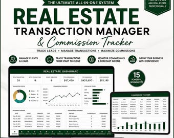 Real Estate Transaction Manager & Commission Tracker | Realtor Excel Dashboard | Buyer Seller Lead Tracker | Closing Checklist