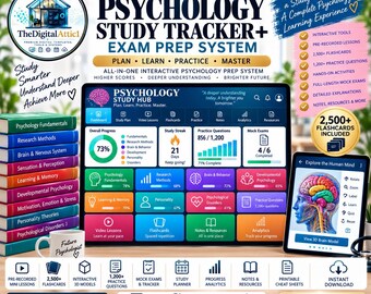 Psychology Study Tracker & Exam Prep System | Flashcards, Practice Questions, Mini Lessons, Mock Exams