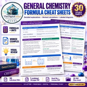 Könnte beinhalten: Allgemeine Chemie Formel-Spickzettel mit 30 Lernblättern, detaillierten Erklärungen, ausgearbeiteten Berechnungen und beschrifteten Diagrammen. Enthält Abschnitte zu Verdünnungs- und Mischungsberechnungen sowie elektrochemischen Zellen.
