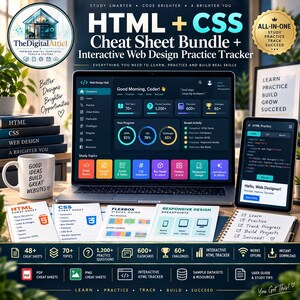 HTML + CSS Cheat Sheet Bundle + Interactive Web Design Practice Tracker image 1