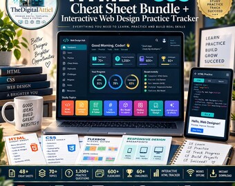HTML + CSS Cheat Sheet Bundle + Interactive Web Design Practice Tracker