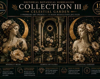 Celestial Botanical Wall Art Set of 3, Dark Academia Prints, Classical Statue Art, Moon Goddess Decor, Printable Wall Art