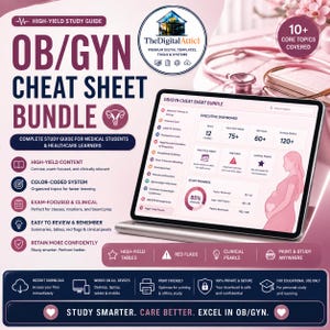 以下が含まれることがあります： タブレット画面に表示されたデジタルOB/GYNチートシートバンドル。臨床トピック、学習進捗、妊婦の図を含むエグゼクティブダッシュボードが特徴です。レイアウトにはテキストヘッダー、アイコン、および高収益コンテンツの要約が含まれています。