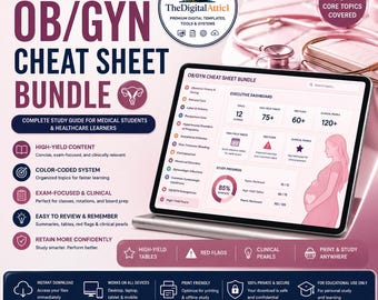 OBGYN Cheat Sheet Bundle | Medical Student Study Guide | 12 High Yield Obstetrics Gynecology Topics | Clinical Exam Review