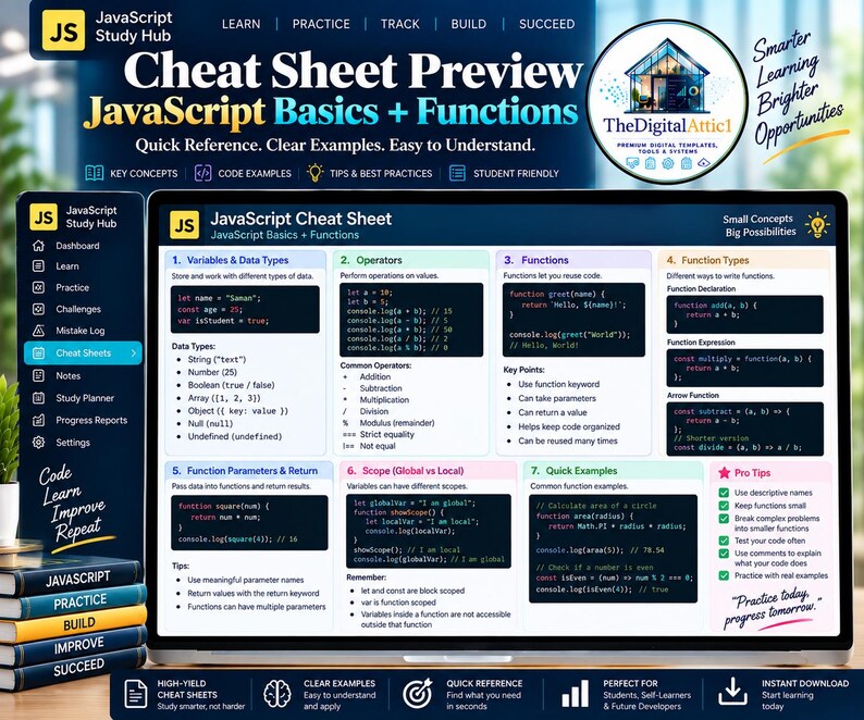 JavaScript Cheat Sheet Bundle + Interactive Coding Practice Tracker immagine 17