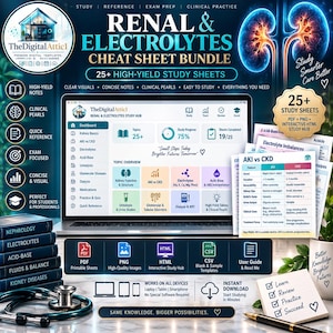 Pode incluir: Um pacote de estudo digital para rins e eletrólitos com um laptop exibindo um painel com 25 tópicos, folhas de estudo clínicas, um estetoscópio e um bloco de notas. O texto inclui Renal & Electrolytes Cheat Sheet Bundle.