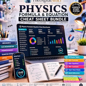 May include: A digital study bundle for physics featuring a laptop displaying a dashboard with formulas, equations, and constants. Includes a smartphone with a timer, an open notebook with projectile motion notes, a pen, and stacked textbooks.