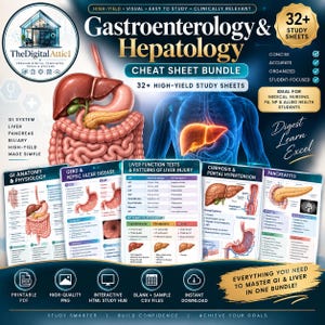 May include: A digital study bundle titled Gastroenterology & Hepatology Cheat Sheet Bundle featuring 32+ study sheets. The graphic displays anatomical illustrations of the liver, pancreas, and intestines, alongside medical charts and text.