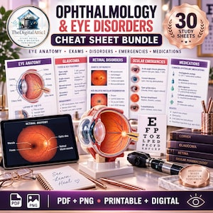 Könnte beinhalten: Ein digitales Lernpaket für Augenheilkunde und Augenerkrankungen mit 30 druckbaren Blättern. Enthält ein Augenmodell im Querschnitt, ein Tablet mit Netzhautanatomie, eine Sehtafel, ein medizinisches Ophthalmoskop und ein Notizbuch mit dem Text See Learn Heal.