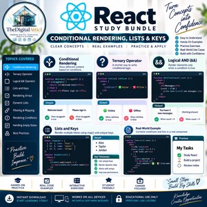 May include: A React study bundle infographic titled Conditional Rendering, Lists & Keys. It features code snippets for conditional rendering, ternary operators, and logical AND operators, alongside lists, keys, and a real-world task list example.