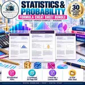 Könnte beinhalten: Ein digitales Lernpaket mit dem Titel Statistics & Probability Formula Cheat Sheet Bundle, das 30 detaillierte Lernblätter enthält. Das Set zeigt drei Beispielseiten mit Formeln zur Binomialverteilung, Normalverteilung und Korrelation.