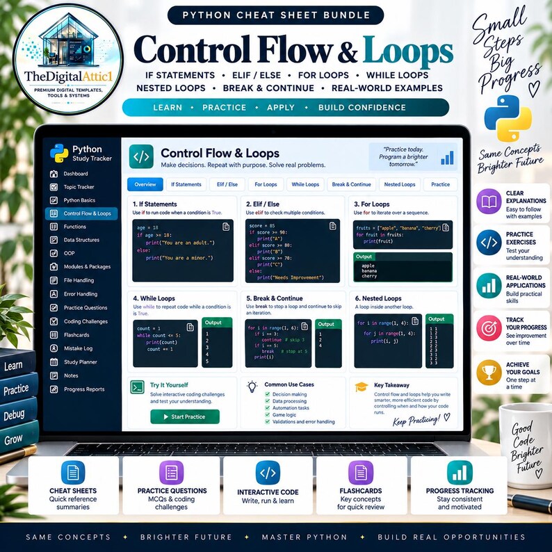 Python Cheat Sheet Bundle + Interactive Coding Practice Tracker imagem 5