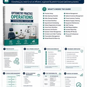 K&ouml;nnte beinhalten: Ein spiralgebundener Optometry Practice Operations Command Center Leitfaden mit &uuml;ber 20 Seiten an Verfahren, Checklisten und Best Practices. Das Cover zeigt ein B&uuml;rointerieur, w&auml;hrend die Innenseiten Arbeitsabl&auml;ufe f&uuml;r Patientenaufnahme und Inventar detaillieren.