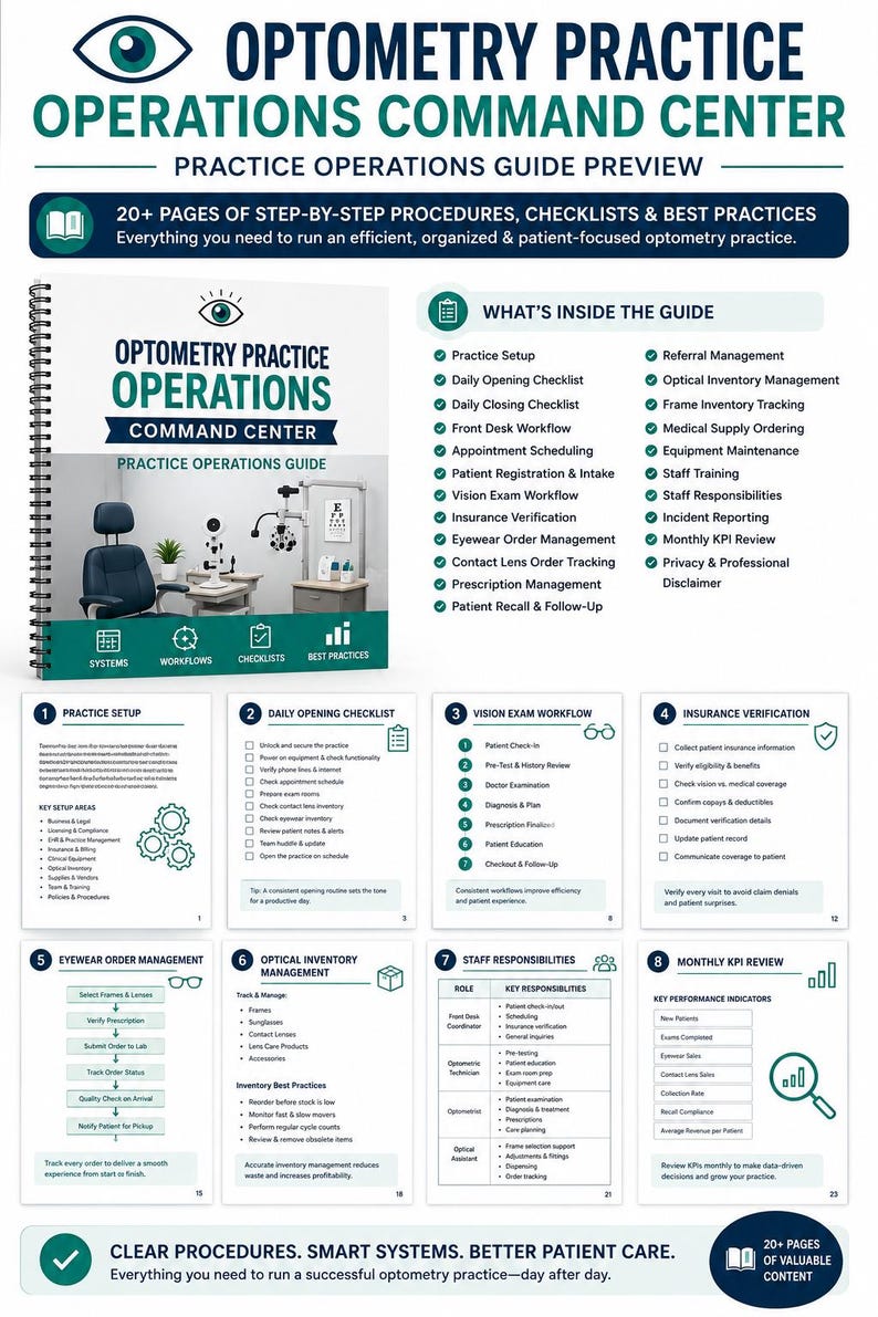 K&ouml;nnte beinhalten: Ein spiralgebundener Optometry Practice Operations Command Center Leitfaden mit &uuml;ber 20 Seiten an Verfahren, Checklisten und Best Practices. Das Cover zeigt ein B&uuml;rointerieur, w&auml;hrend die Innenseiten Arbeitsabl&auml;ufe f&uuml;r Patientenaufnahme und Inventar detaillieren.