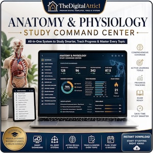 以下が含まれることがあります： ノートパソコンとタブレットの画面に表示されたAnatomy & Physiology Study Command Centerのデジタルテンプレート。インターフェースには、進捗グラフ、トピックリスト、学習指標を備えたダッシュボードと、人体トルソーの模型が含まれています。