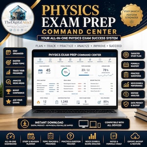 Könnte beinhalten: Ein digitales Dashboard mit dem Titel Physics Exam Prep Command Center auf einem Laptop-Bildschirm, das Bereiche für den Examens-Countdown, Themenbeherrschung, Schwachstellen und aktuelle Übungsergebnisse in Gold- und Marineblau-Tönen zeigt.