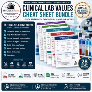 May include: A digital bundle of 28 clinical lab value cheat sheets featuring organized tables for CBC, CMP, electrolytes, cardiac biomarkers, and coagulation studies. The documents include normal ranges, interpretations, and key pearls for medical study.