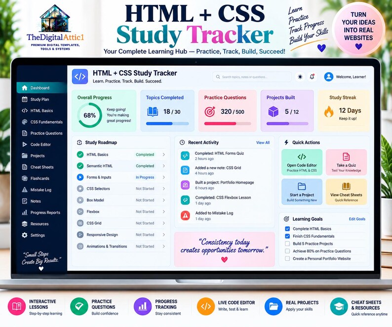 HTML + CSS Cheat Sheet Bundle + Interactive Web Design Practice Tracker image 3