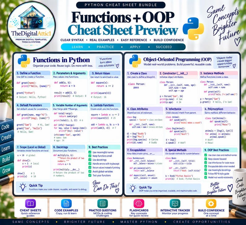 Python Cheat Sheet Bundle + Interactive Coding Practice Tracker imagem 17
