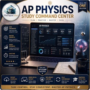 May include: A digital AP Physics study command center displayed on a laptop screen, featuring data dashboards, progress charts, and topic mastery metrics. The setup includes a notebook with physics notes, a pen, and a plasma ball lamp.