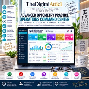 May include: A digital dashboard for an optometry practice operations command center displayed on a laptop screen. The interface features data visualizations, appointment schedules, patient status metrics, and revenue overviews in a professional layout.
