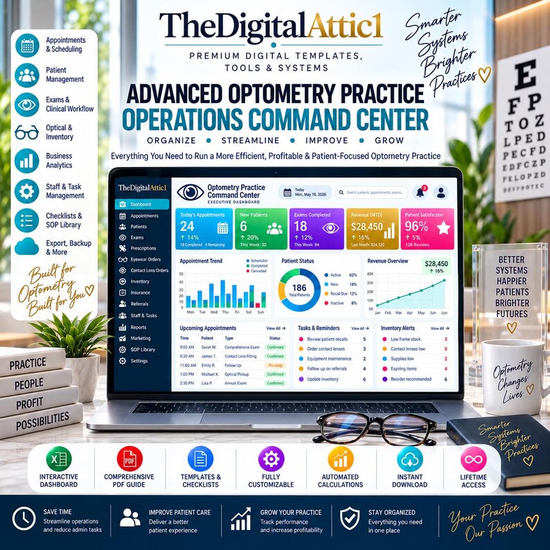 May include: A digital dashboard for an optometry practice operations command center displayed on a laptop screen. The interface features data visualizations, appointment schedules, patient status metrics, and revenue overviews in a professional layout.