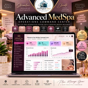 May include: A laptop displaying the Advanced MedSpa Operations Command Center, an interactive dashboard with pink and white UI elements, charts, and metrics for managing clients, appointments, revenue, and services in a medical spa business setting.