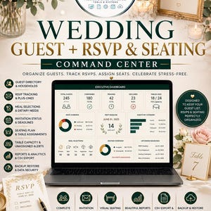 May include: A digital wedding guest, RSVP, and seating command centre template displayed on a laptop screen. The dashboard shows guest counts, meal selections, and seating charts. Text includes "WEDDING GUEST + RSVP & SEATING COMMAND CENTER".