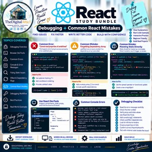 May include: A digital React study bundle infographic titled Debugging + Common React Mistakes. It features code snippets, error explanations, and a debugging checklist. The layout includes sections on common errors, dependency arrays, and state mutation.