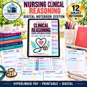 May include: A digital nursing clinical reasoning notebook system featuring a tablet display with a stethoscope graphic, surrounded by printed templates for patient concept maps, SBAR handoffs, medication studies, and lab trends, plus pens and notebooks.
