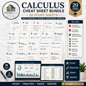 May include: A digital bundle of 20 calculus study sheets featuring mathematical formulas, limits, derivatives, and integrals. Includes a laptop displaying a study tracker dashboard, a topic tracker spreadsheet, and a list of 20 topics included.