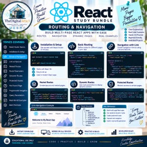 May include: A digital study bundle for React Routing and Navigation featuring code snippets, topic lists, and instructional text. The layout includes sections for installation, basic routing, nested routes, and dynamic routes with blue accents.