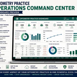 K&ouml;nnte beinhalten: Ein digitales Excel-Dashboard f&uuml;r das Management einer Optometrie-Praxis auf einem Laptop-Bildschirm. Die Benutzeroberfl&auml;che enth&auml;lt Datenvisualisierungen wie Diagramme, Grafiken und Tabellen zur Nachverfolgung von Terminen, Verk&auml;ufen und Lagerbest&auml;nden.