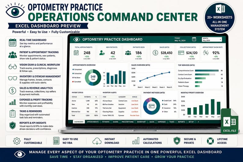 K&ouml;nnte beinhalten: Ein digitales Excel-Dashboard f&uuml;r das Management einer Optometrie-Praxis auf einem Laptop-Bildschirm. Die Benutzeroberfl&auml;che enth&auml;lt Datenvisualisierungen wie Diagramme, Grafiken und Tabellen zur Nachverfolgung von Terminen, Verk&auml;ufen und Lagerbest&auml;nden.