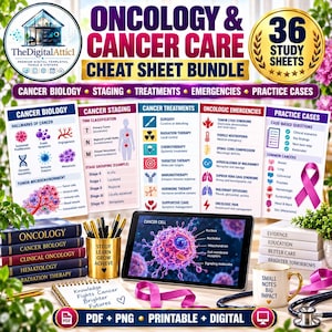 May include: A digital study bundle featuring 36 oncology and cancer care cheat sheets. The display includes a tablet showing a cancer cell diagram, a gold pen holder, a notebook, a mug with text, and five books titled Oncology and Cancer Biology.