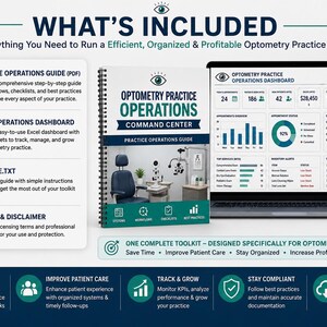 K&ouml;nnte beinhalten: Ein Toolkit f&uuml;r die Verwaltung einer Optometrie-Praxis mit einem spiralgebundenen Handbuch und einem Excel-Dashboard. Die Unterlagen umfassen einen Praxis-Betriebsleitfaden, ein Excel-Dashboard, eine Textdatei sowie Lizenz- und Haftungshinweise.