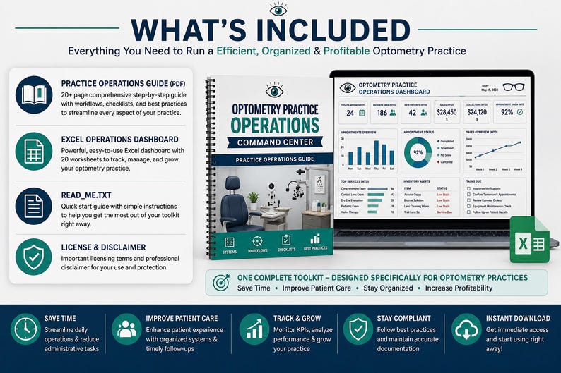K&ouml;nnte beinhalten: Ein Toolkit f&uuml;r die Verwaltung einer Optometrie-Praxis mit einem spiralgebundenen Handbuch und einem Excel-Dashboard. Die Unterlagen umfassen einen Praxis-Betriebsleitfaden, ein Excel-Dashboard, eine Textdatei sowie Lizenz- und Haftungshinweise.