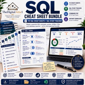 SQL Cheat Sheet Bundle | SQL Study Guide | Database Queries JOINs CTEs | Data Analyst Computer Science Student Notes