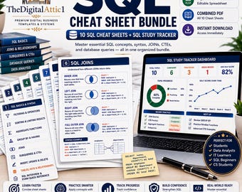 SQL Cheat Sheet Bundle | SQL Study Guide | Database Queries JOINs CTEs | Data Analyst Computer Science Student Notes