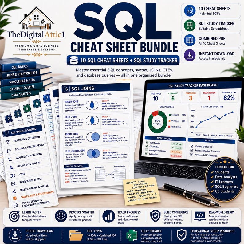 SQL Cheat Sheet Bundle | SQL Study Guide | Database Queries JOINs CTEs | Data Analyst Computer Science Student Notes image 1