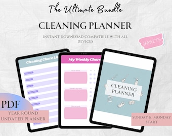 May include: Three digital tablets displaying a cleaning planner. The text on the tablets reads "Cleaning Planner", "Cleaning Chore List", and "My Weekly Chores". The image also includes the text "The Ultimate Bundle" and "Instant Download Compatible with All Devices".